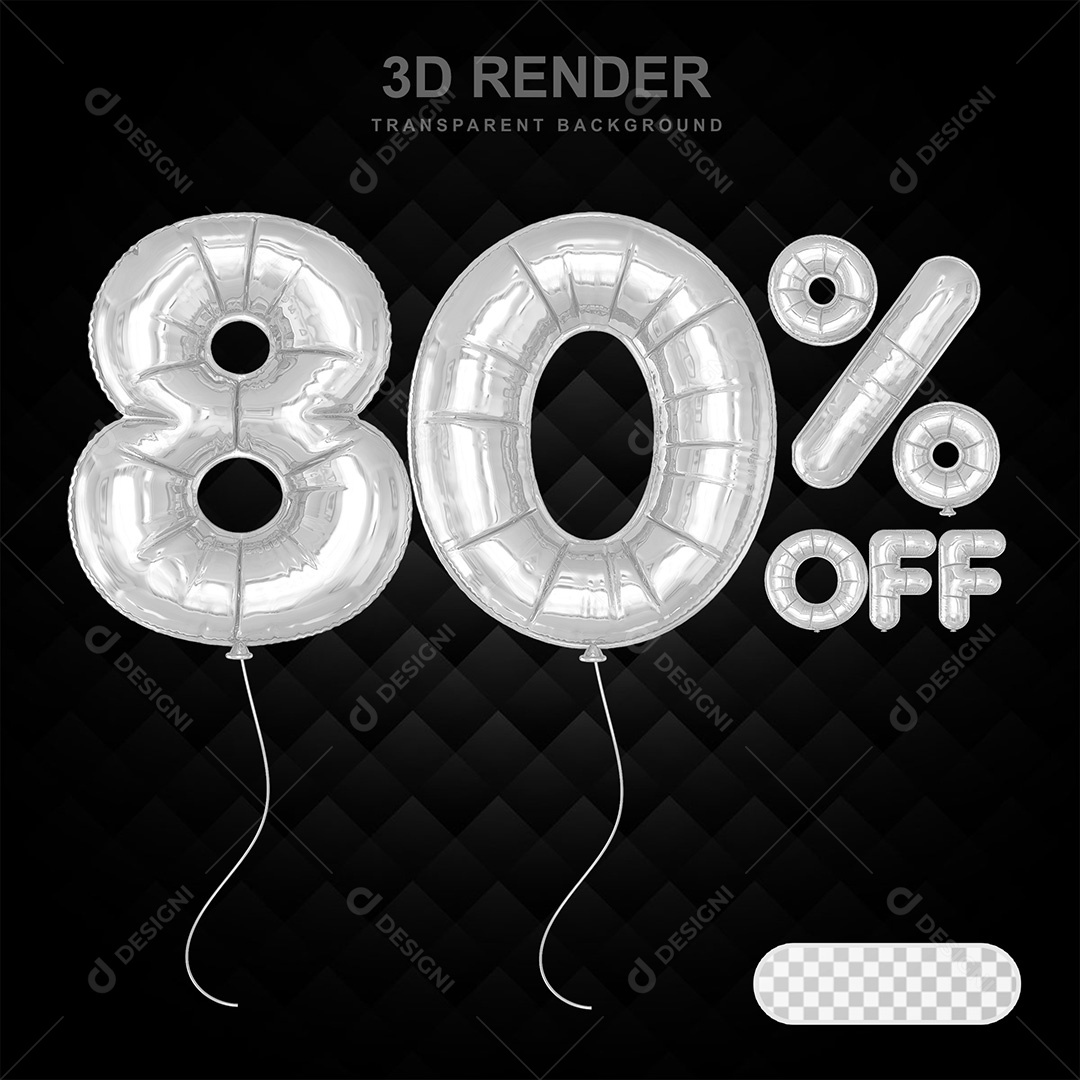 Elemento 3D Balão Prata de Número 80% para Composição PSD