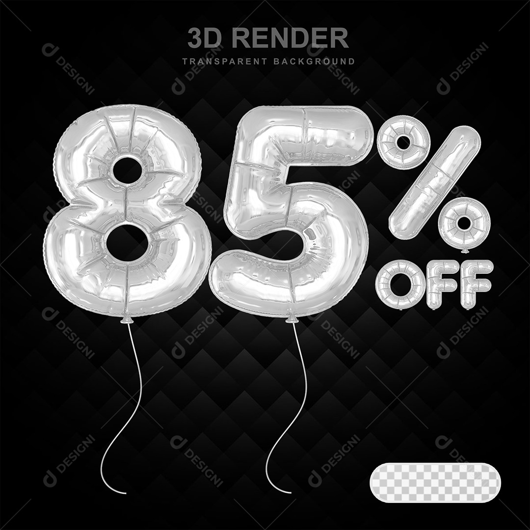 Elemento 3D Balão Prata de Número 85% para Composição PSD
