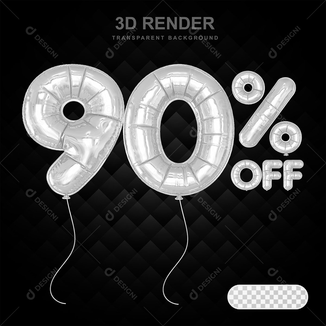 Elemento 3D Balão Prata de Número 90% para Composição PSD