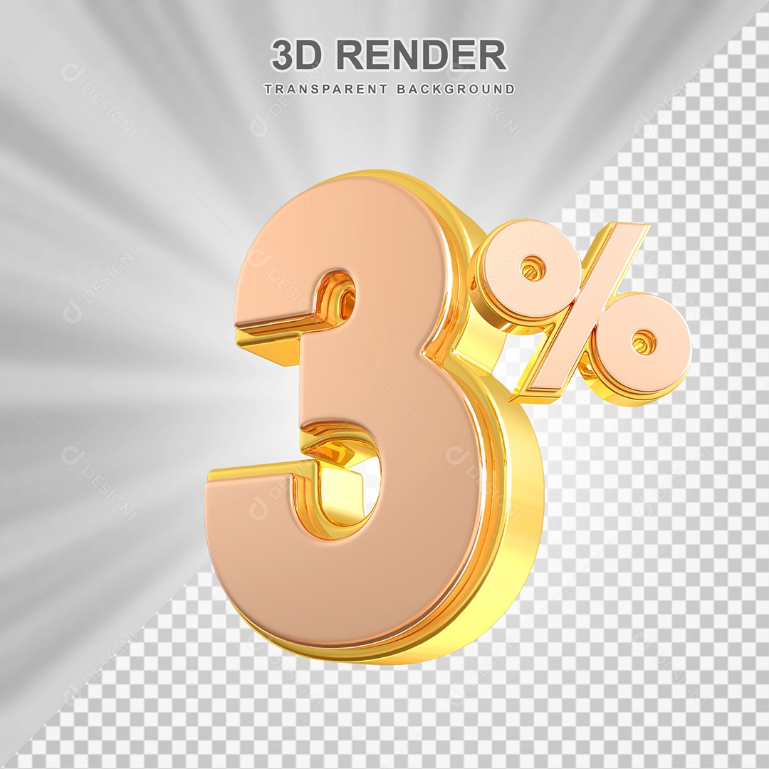 Elemento 3D Número 3% Bege com Dourado Para Composição PSD
