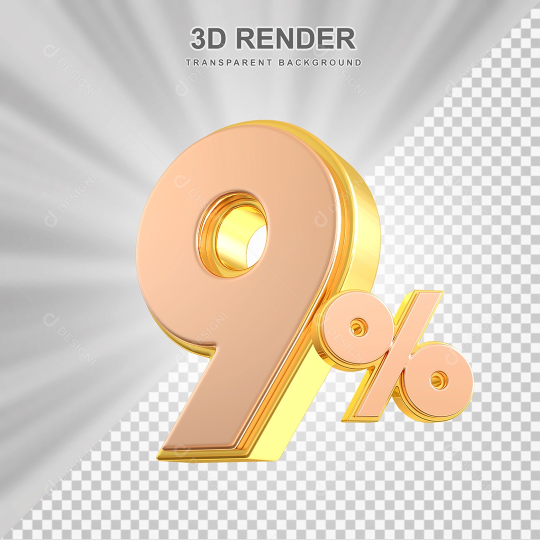 Elemento 3D Número 9% Bege com Dourado Para Composição PSD