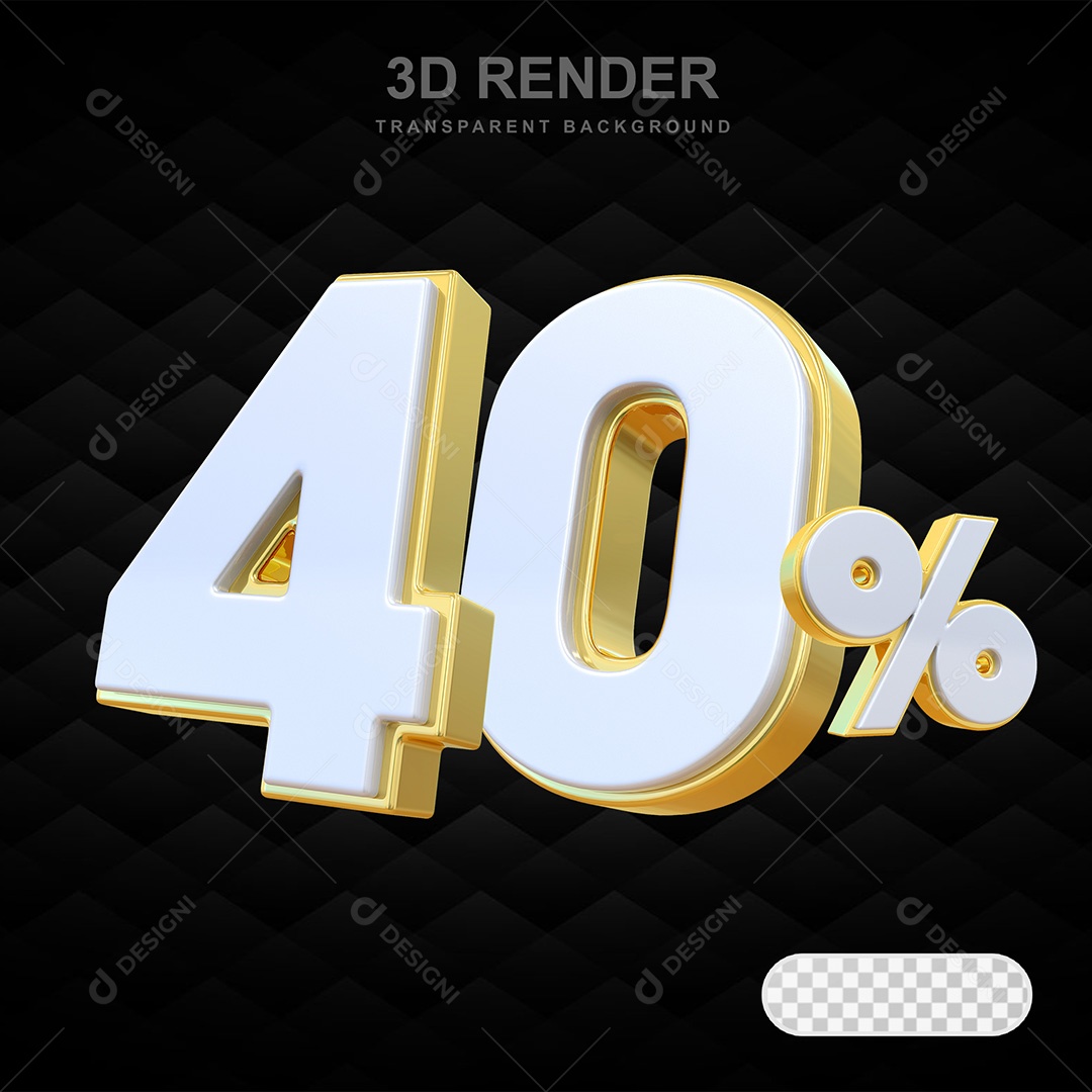 Elemento 3D Número 40% Branco com Dourado Para Composição PSD