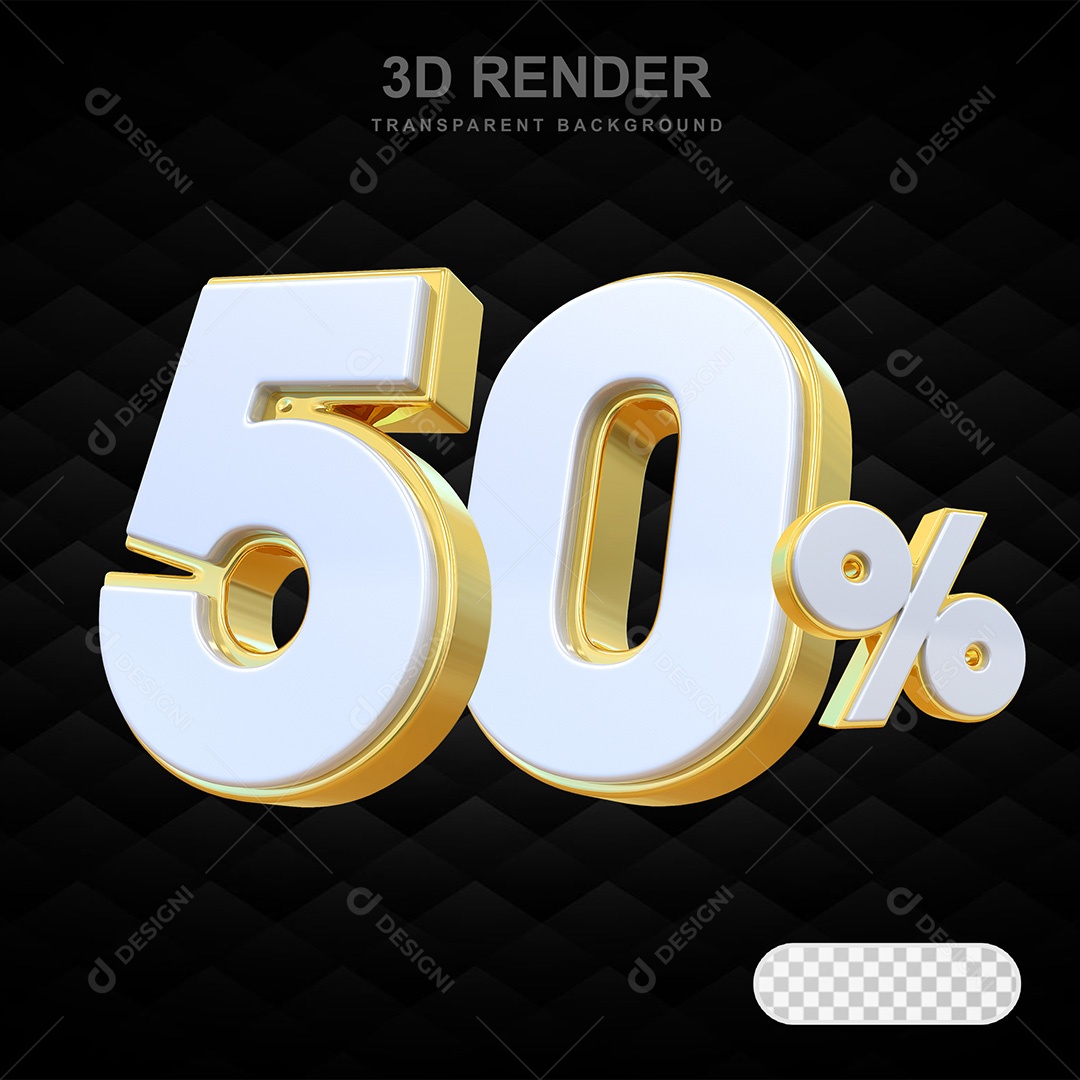 Elemento 3D Número 50% Branco com Dourado Para Composição PSD