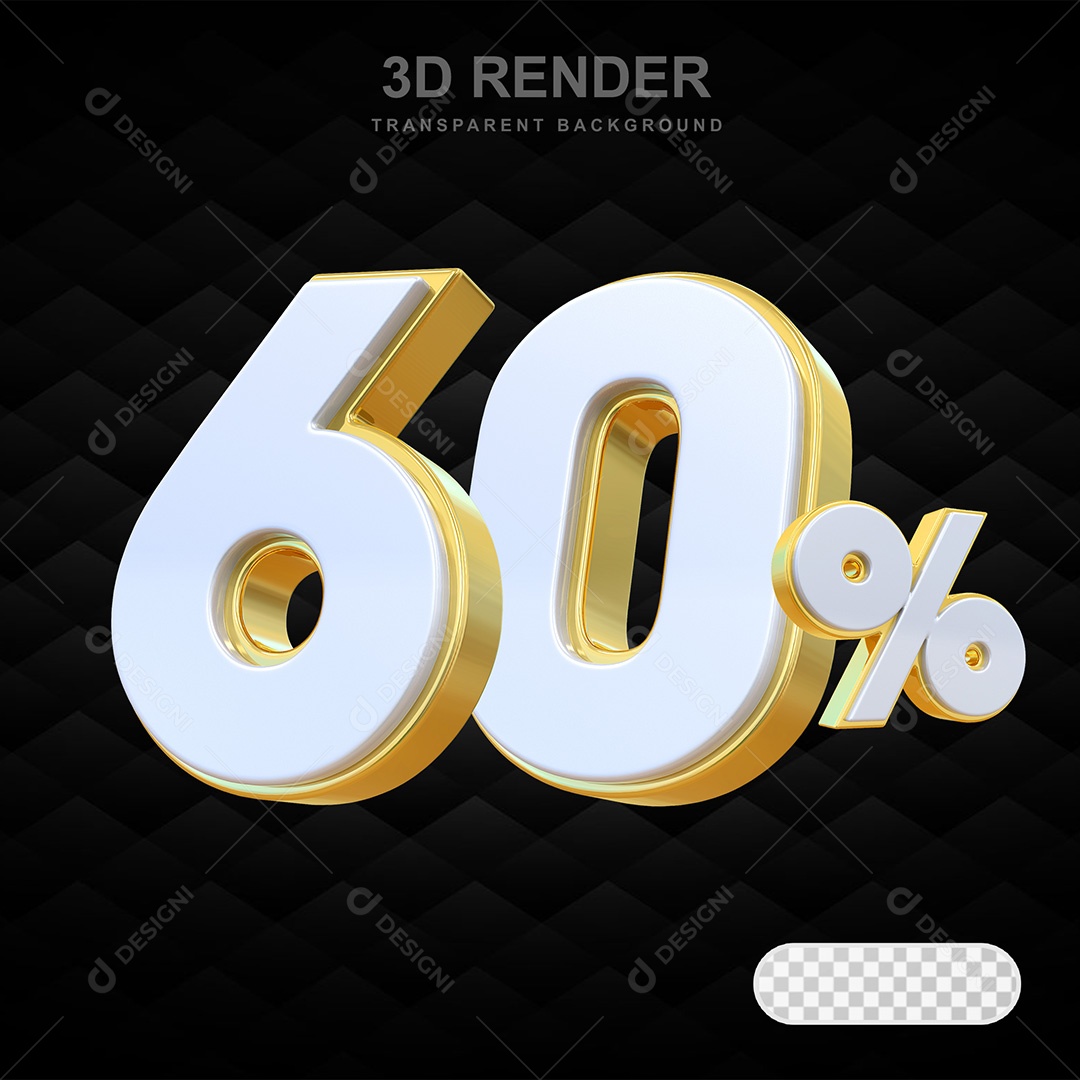 Elemento 3D Número 60% Branco com Dourado Para Composição PSD
