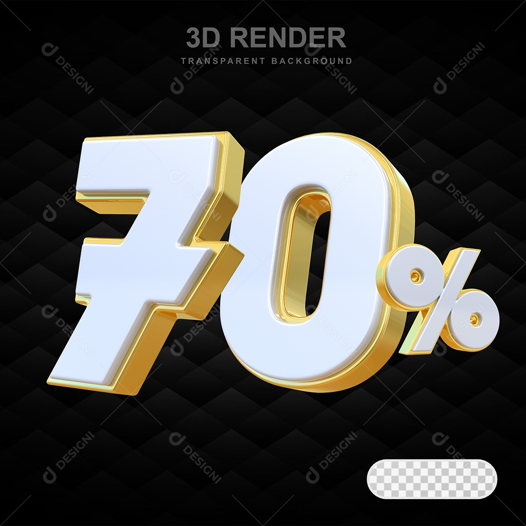 Elemento 3D Número 70% Branco com Dourado Para Composição PSD