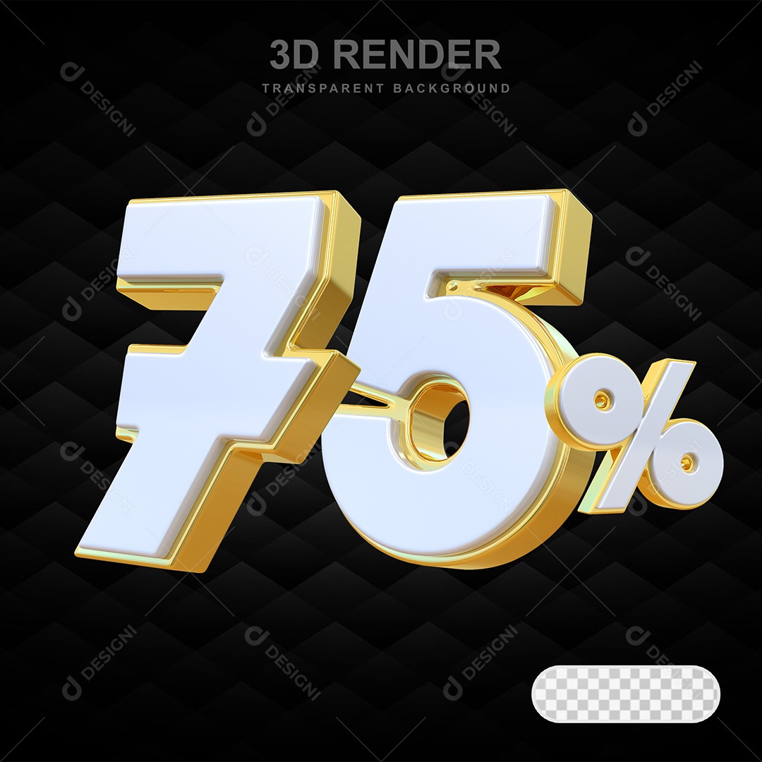 Elemento 3D Número 75% Branco com Dourado Para Composição PSD