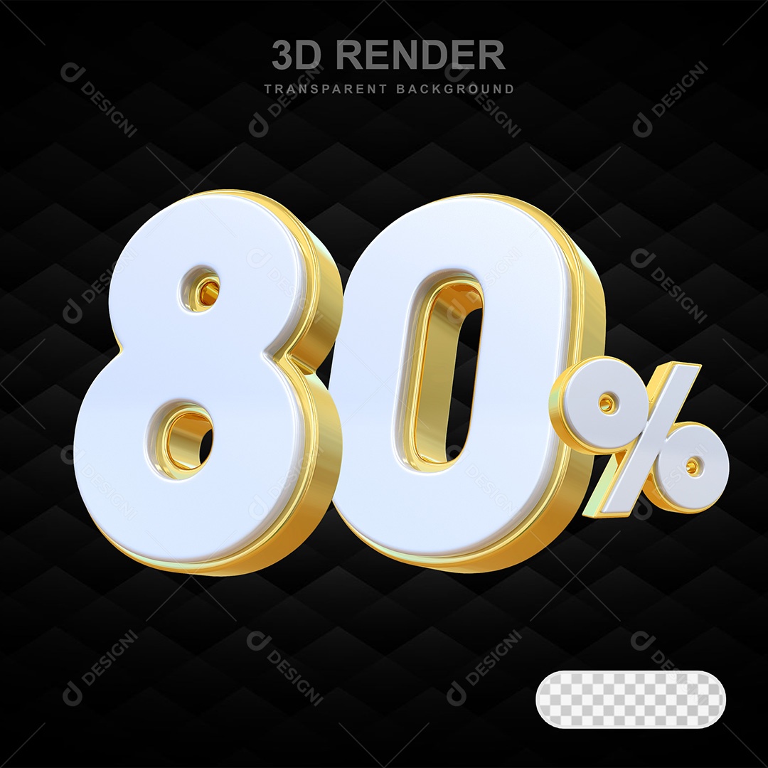 Elemento 3D Número 80% Branco com Dourado Para Composição PSD