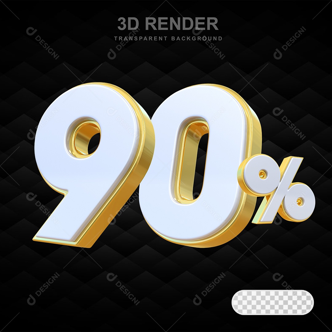 Elemento 3D Número 90% Branco com Dourado Para Composição PSD