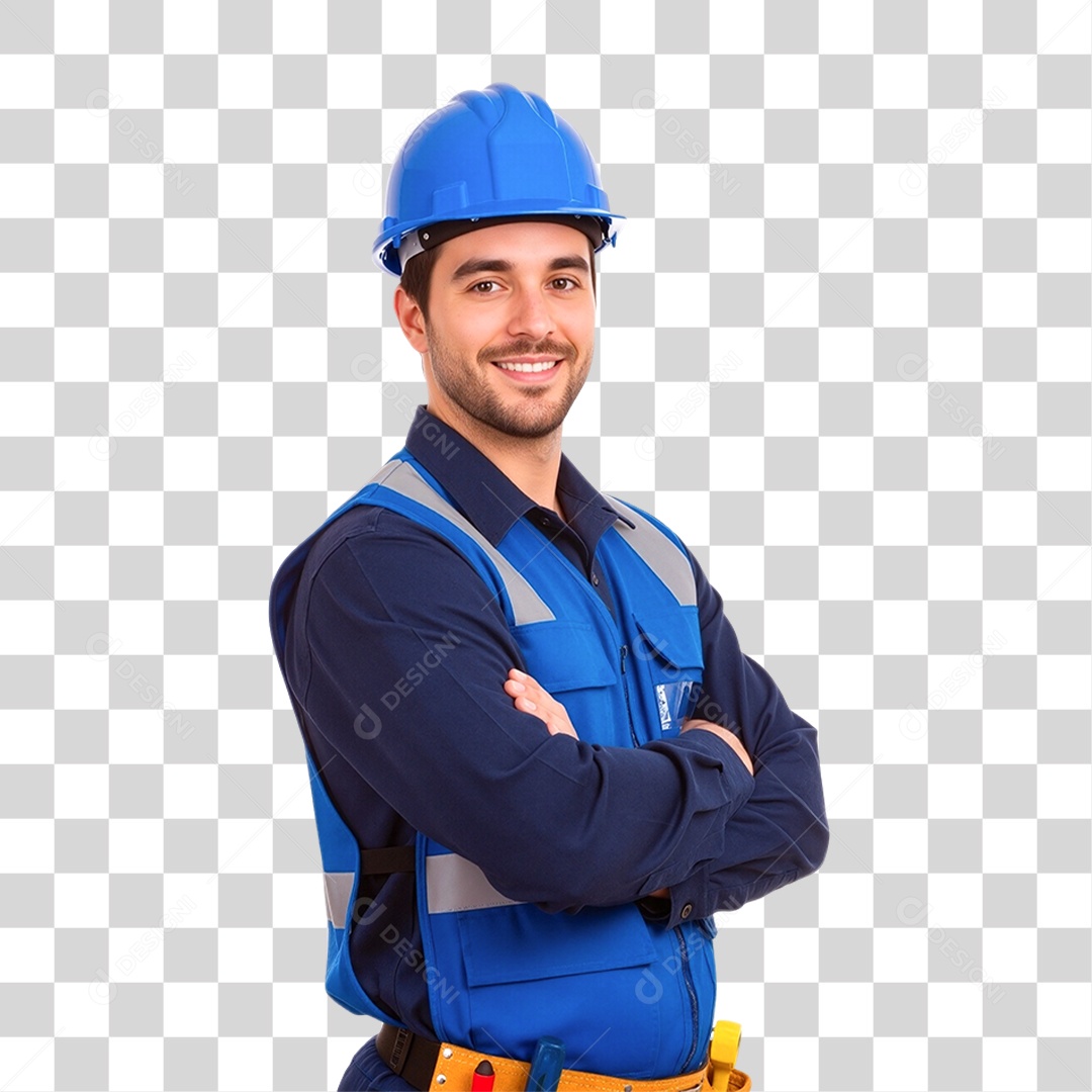 Trabalhador com Uniforme Azul e Braços Cruzados PNG Transparente