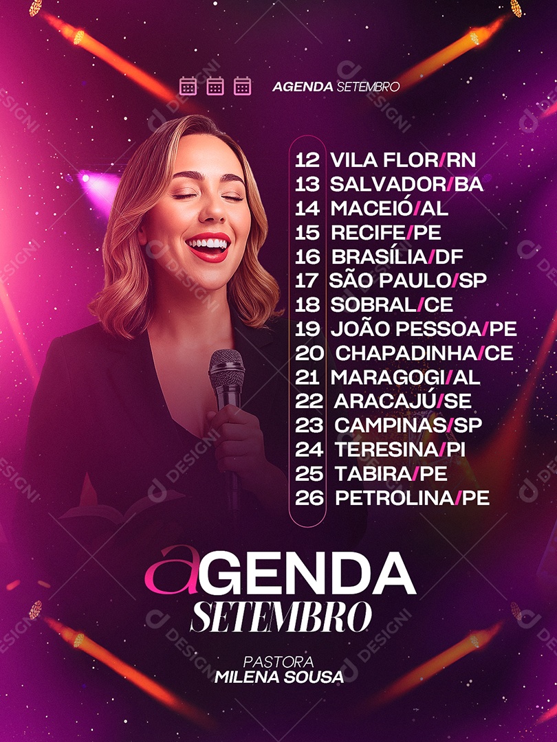 Flyer Gospel Agenda Setembro Pastora Milena Sousa Social Media PSD Editável