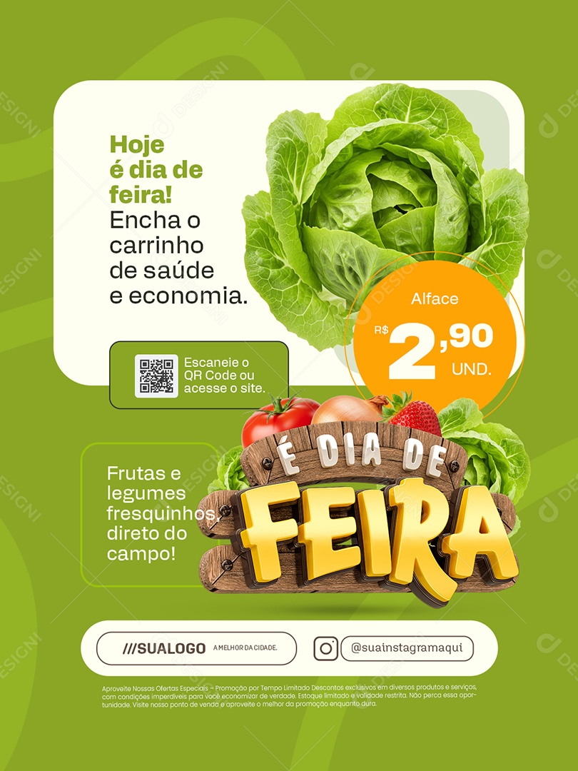 É Dia de Feira Alface Frutas e Legumes Fresquinhos Social Media PSD Editável