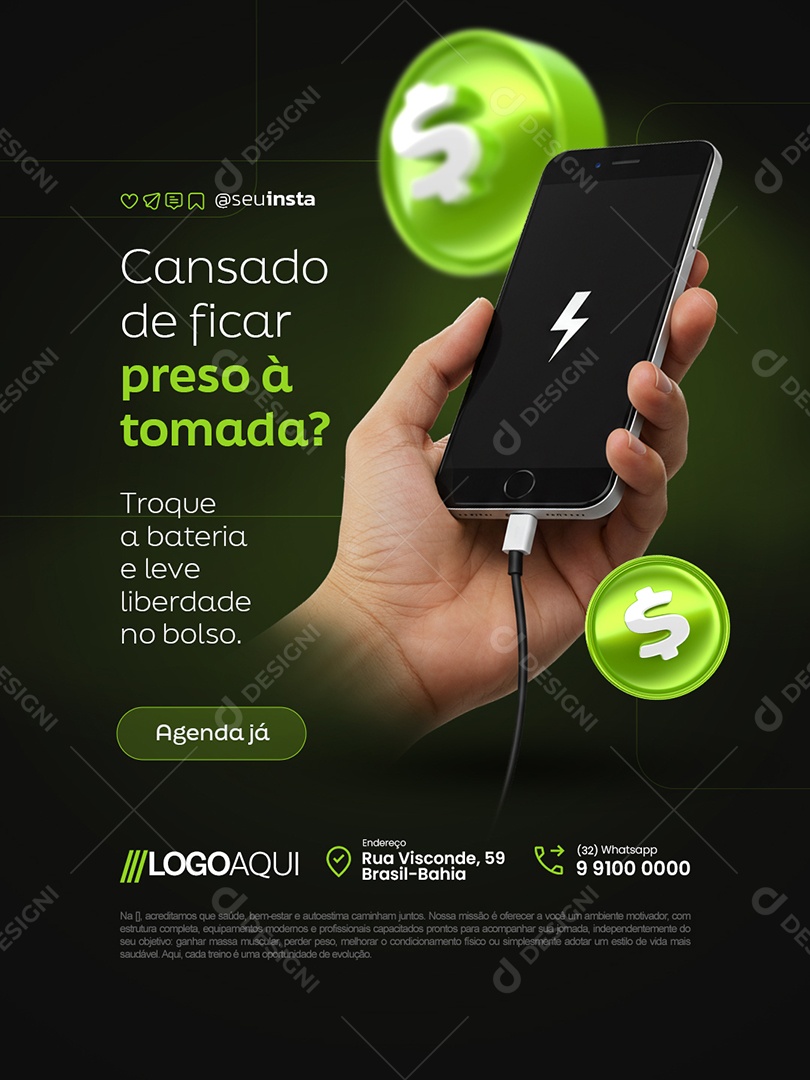 Manutenção Celular Cansado de Ficar Preso à Tomada Social Media PSD Editável