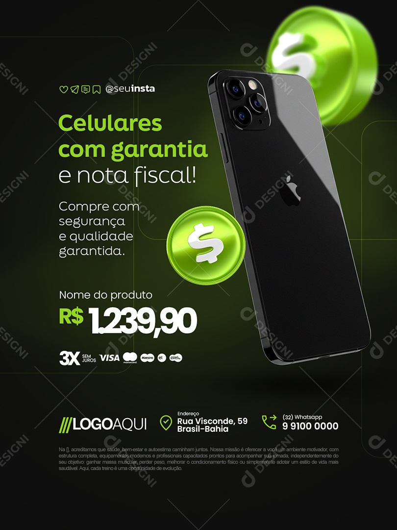 Manutenção Celular Celulares com Garantia e Nota Fiscal Social Media PSD Editável