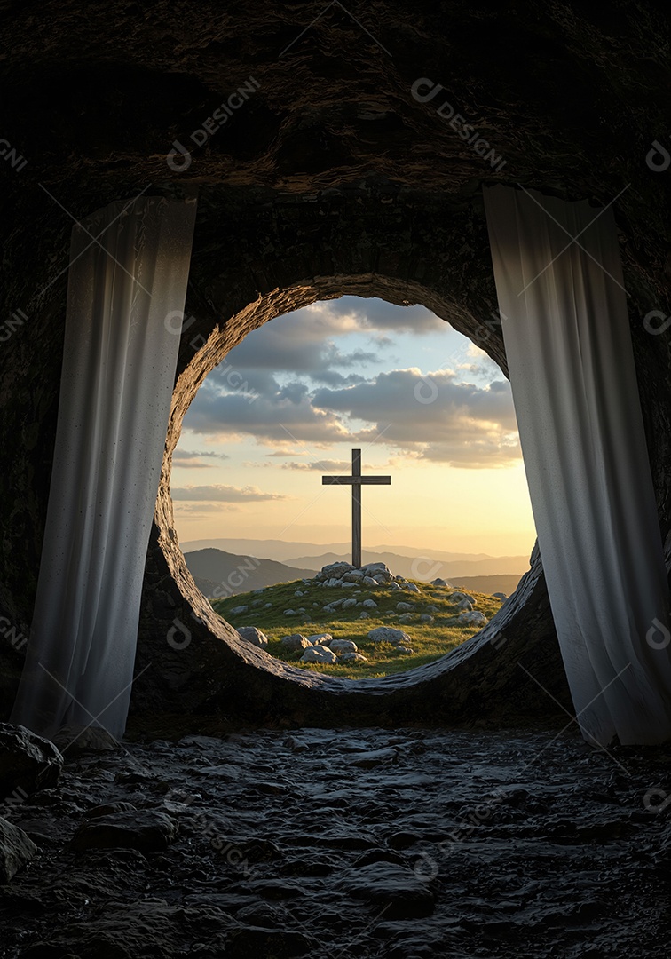 Sepultura de Jesus Cristo sobre fundo de um lindo pôr do sol