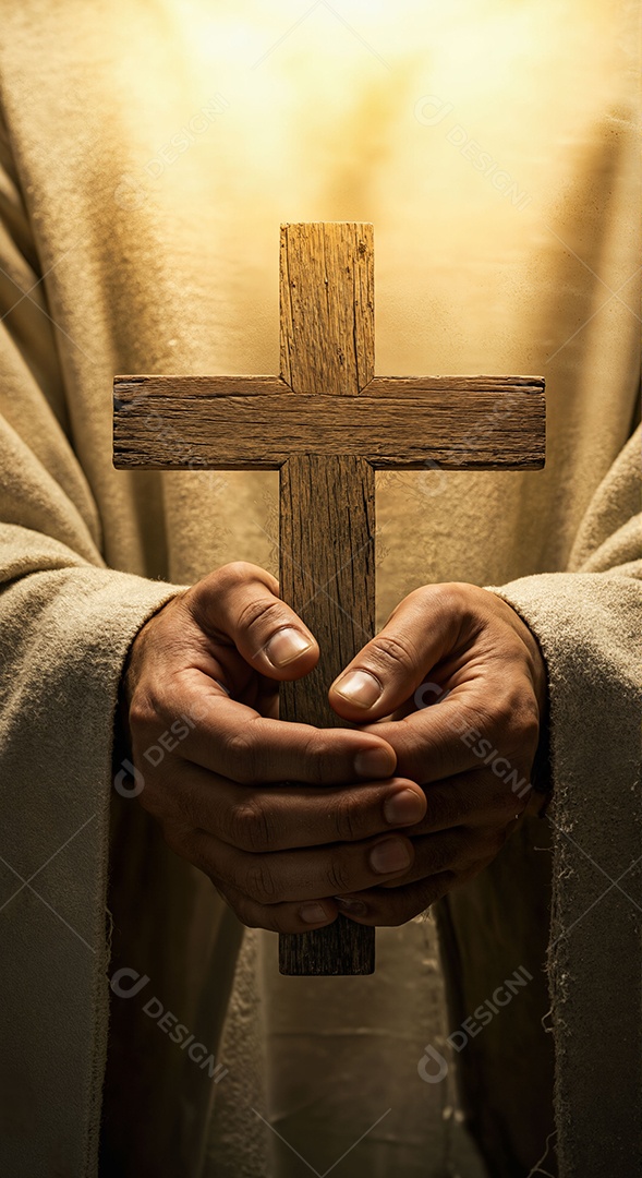 Linda mão de Jesus Cristo segurando cruz sobre fundo isolado