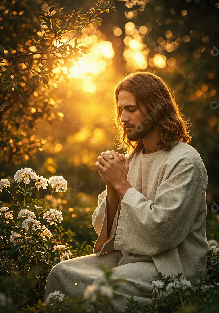 Jesus cristo orando em um jardim ao entardecer