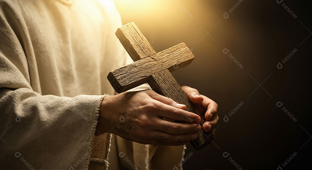 Linda mão de cristo segurando cruz sobre fundo isolado