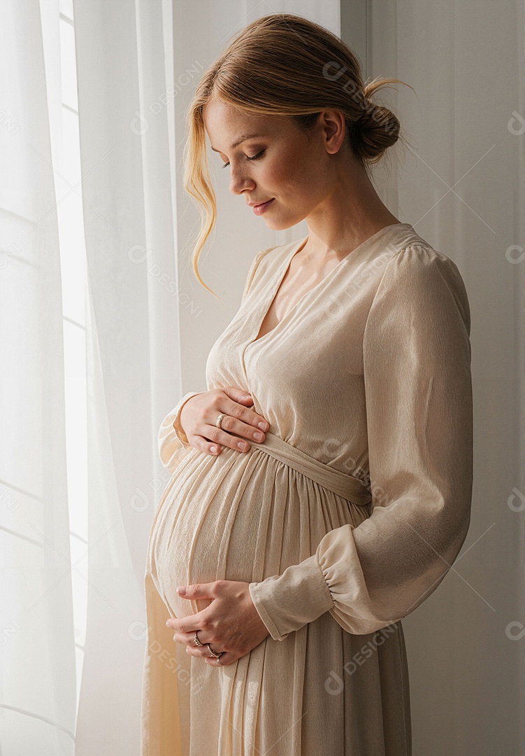 Mulher grávida tirando fotos sob fundo minimalista