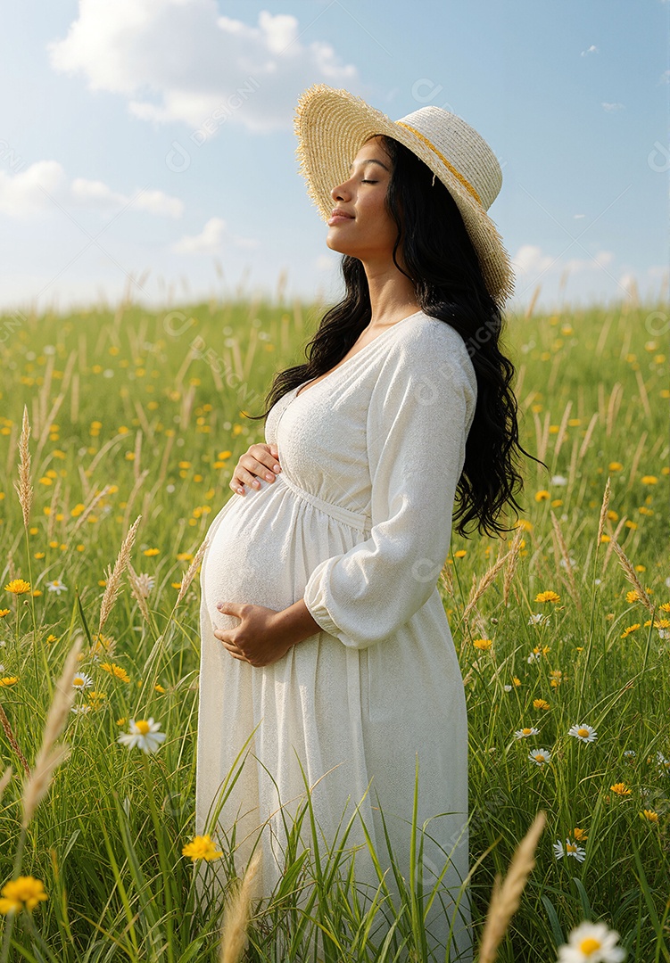 Mulher grávida tirando fotos em campo ao ar livre