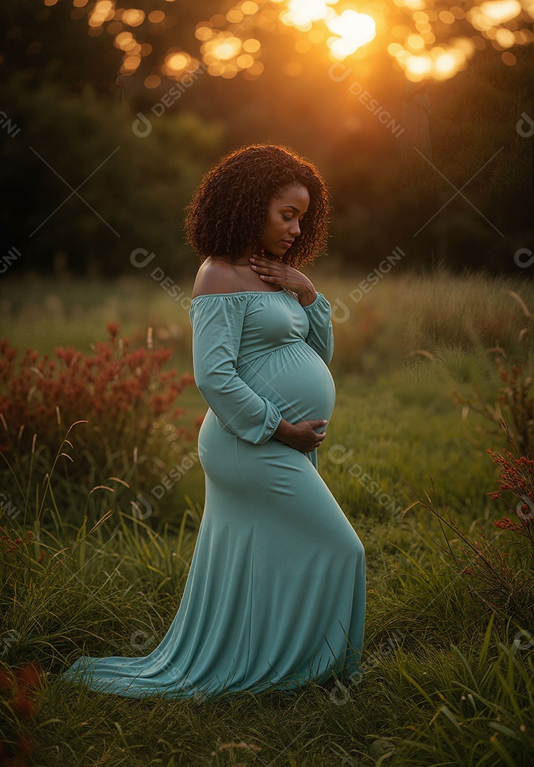 Mulher grávida tirando fotos em campo ao ar livre