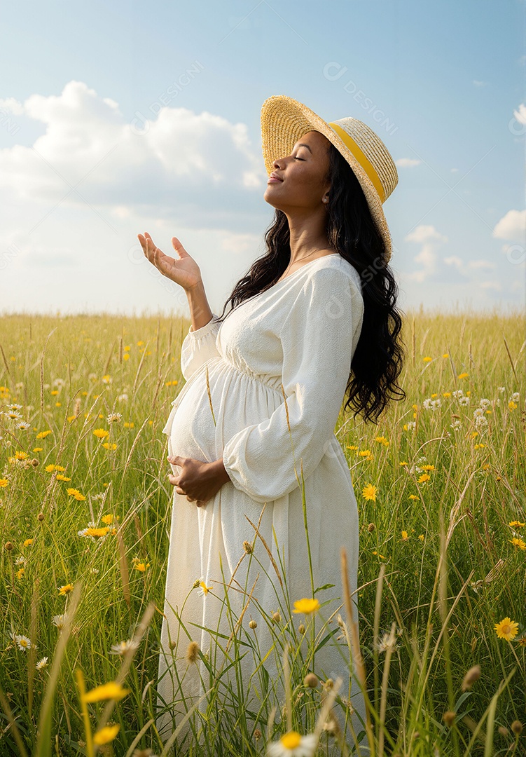 Mulher grávida tirando fotos em campo ao ar livre
