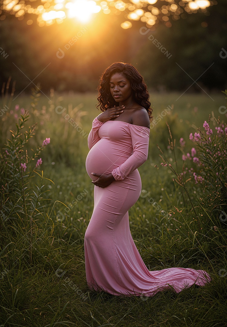 Mulher grávida tirando fotos em campo ao ar livre
