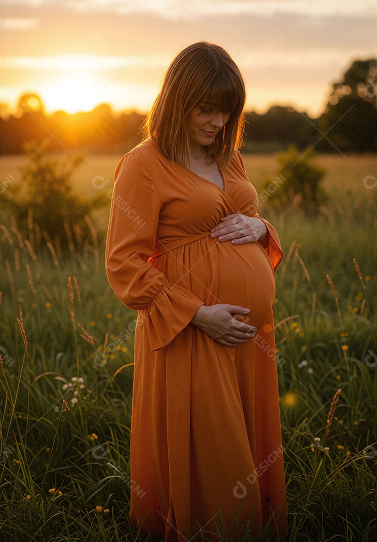 Mulher grávida tirando fotos em campo ao ar livre