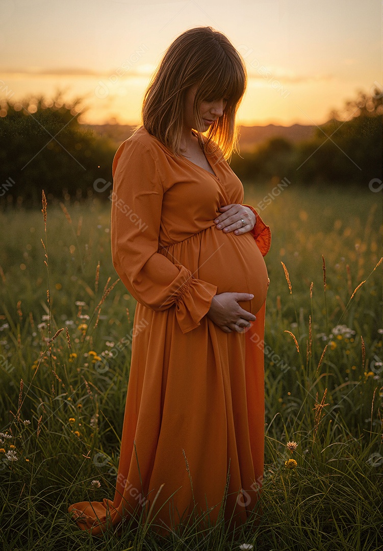 Mulher grávida tirando fotos em campo ao ar livre