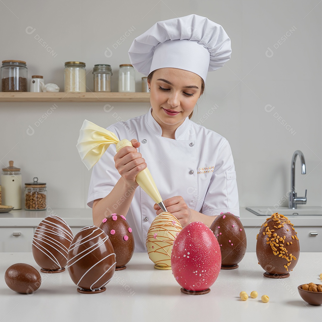 Mulher confeiteira preparando ovos de páscoa