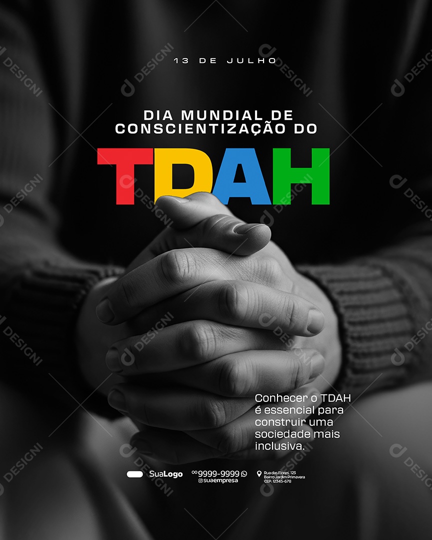 Dia Mundial de Conscientização do TDAH 13 de Julho Social Media PSD Editável