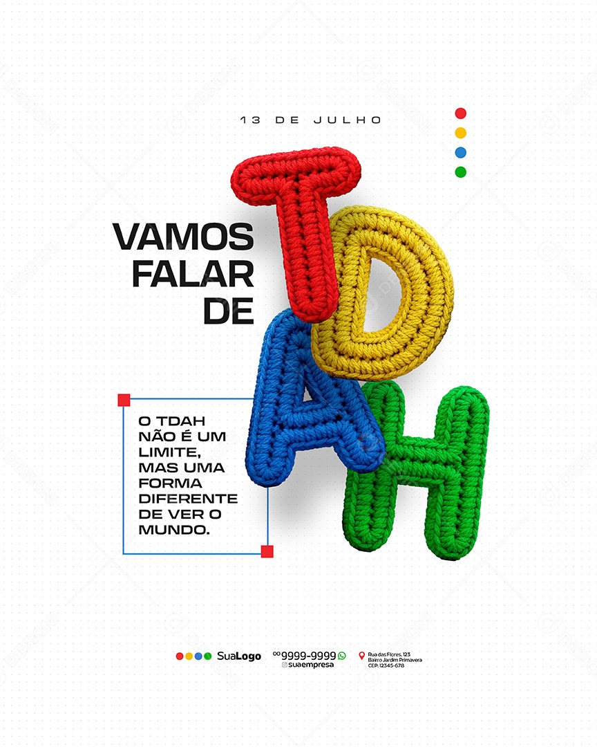 Dia Mundial de Conscientização do TDAH 13 de Julho Social Media PSD Editável