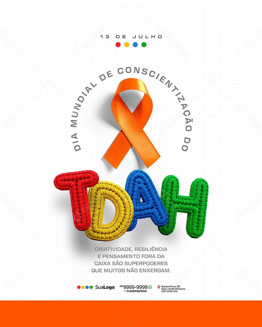 Dia Mundial de Conscientização do TDAH 13 de Julho Social Media PSD Editável