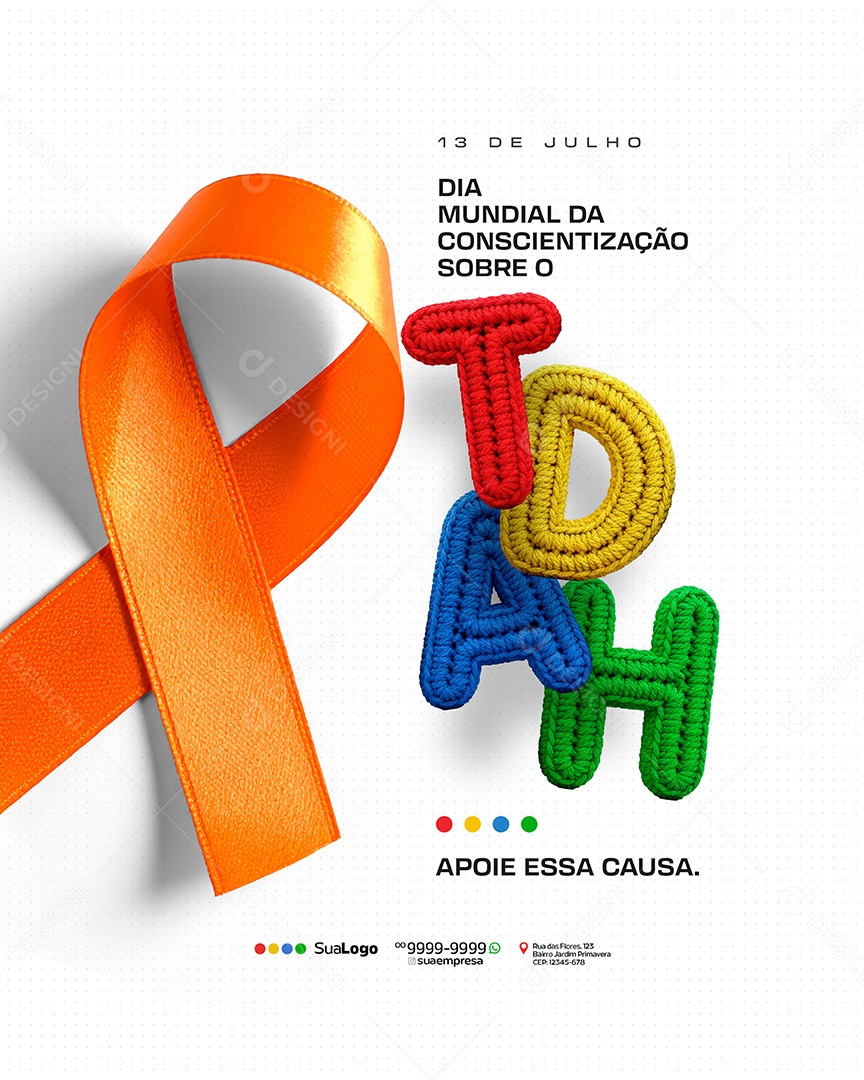 Dia Mundial de Conscientização do TDAH 13 de Julho Social Media PSD Editável