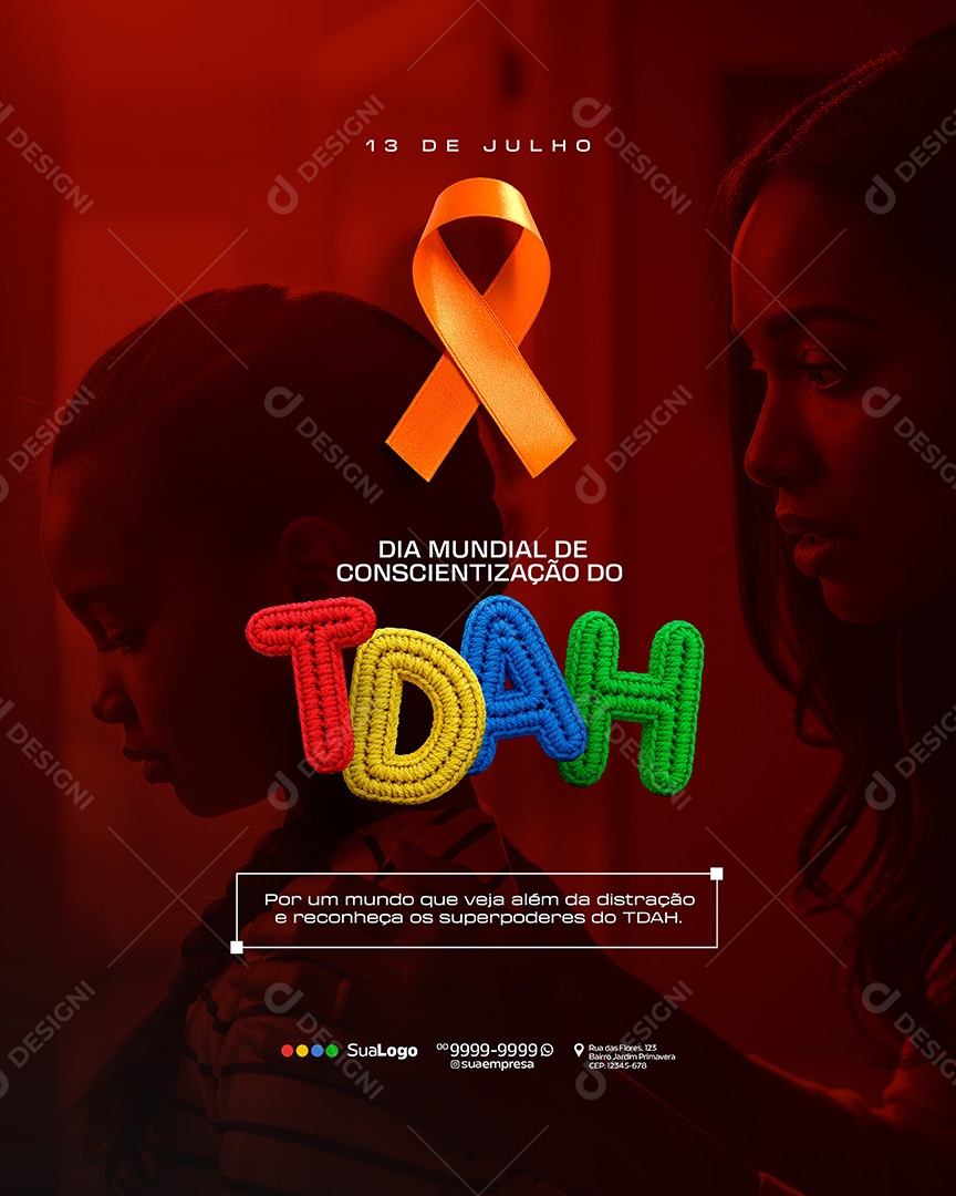 Dia Mundial de Conscientização do TDAH 13 de Julho Social Media PSD Editável