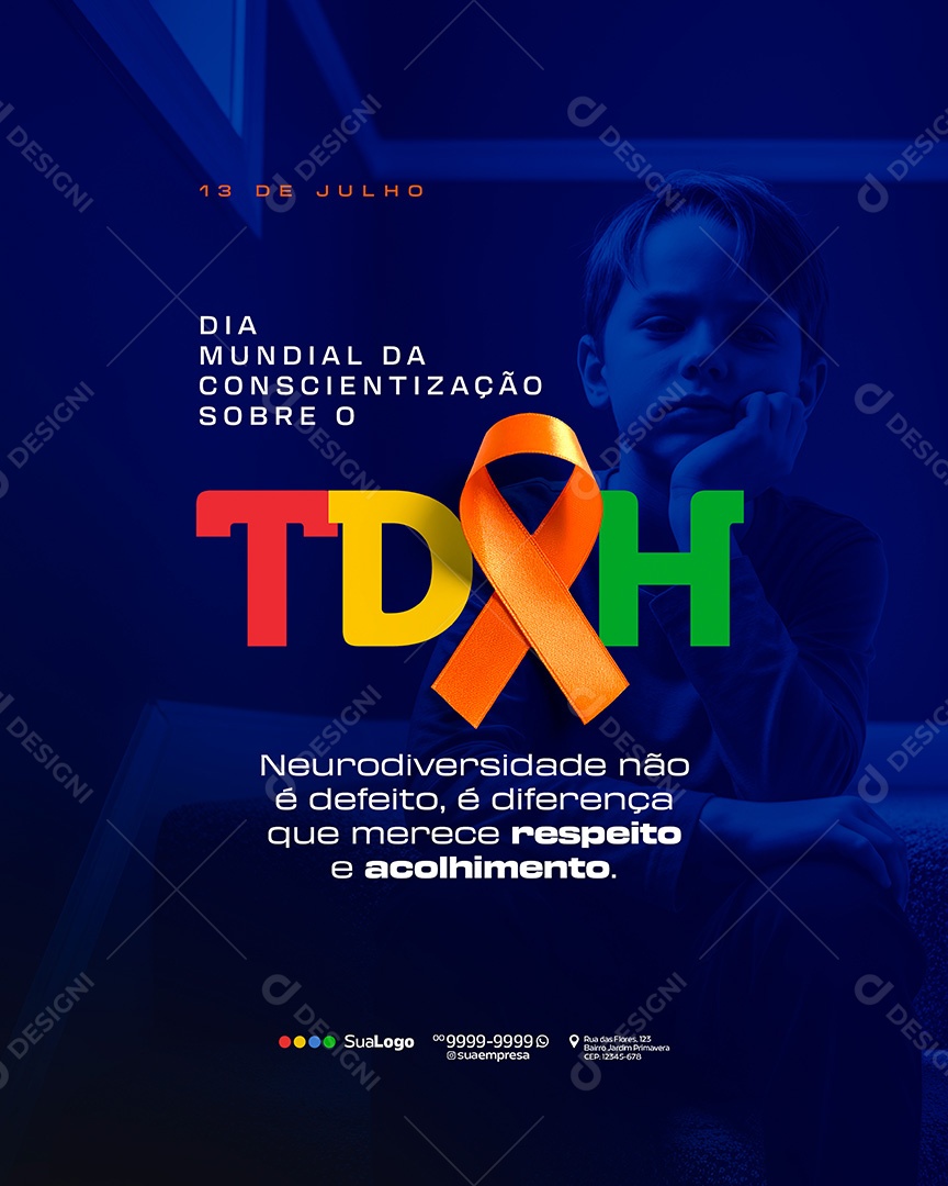 Dia Mundial de Conscientização Sobre o TDAH 13 de Julho Social Media PSD Editável