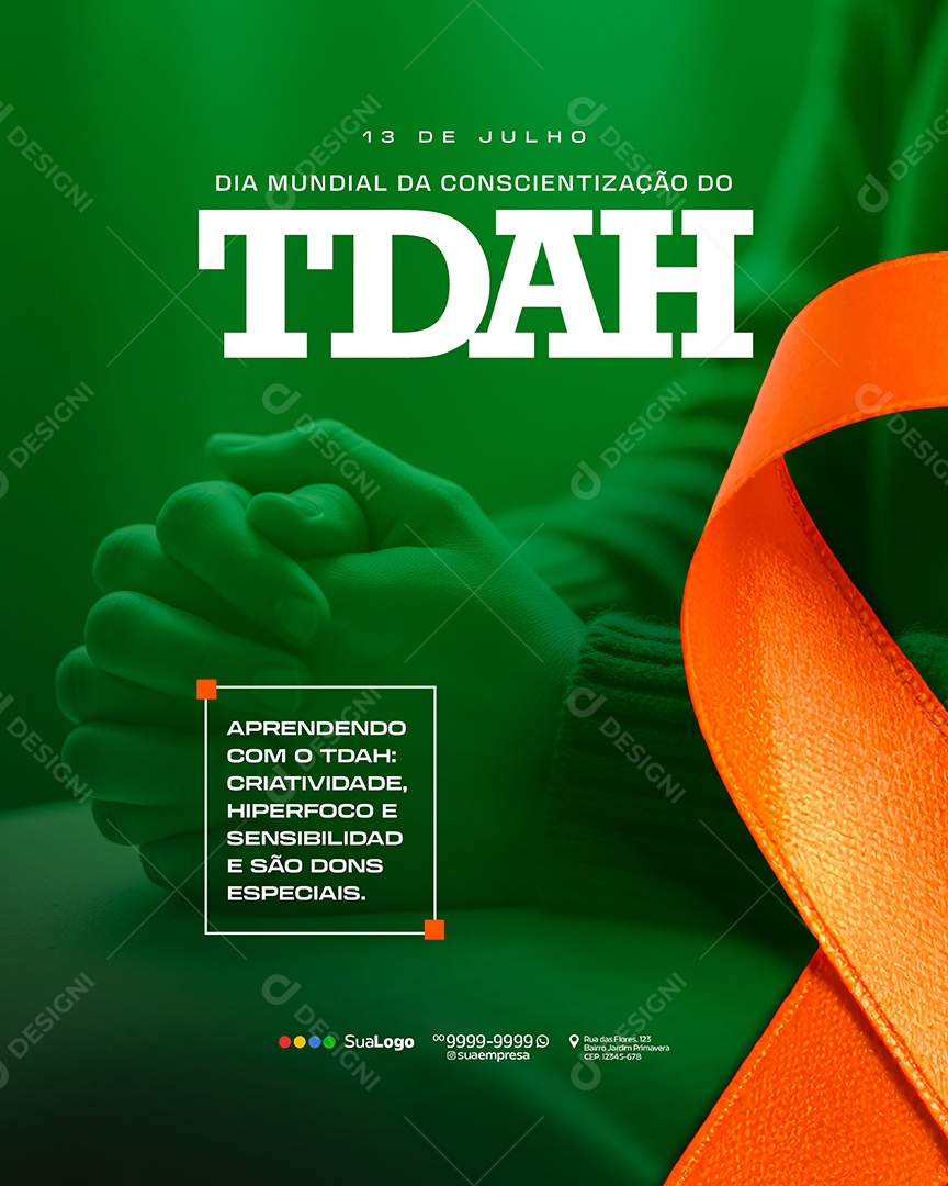 Dia Mundial de Conscientização do TDAH 13 de Julho Social Media PSD Editável