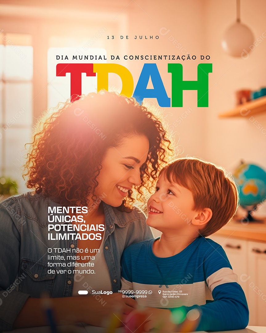 Dia Mundial de Conscientização Sobre o TDAH 13 de Julho Social Media PSD Editável