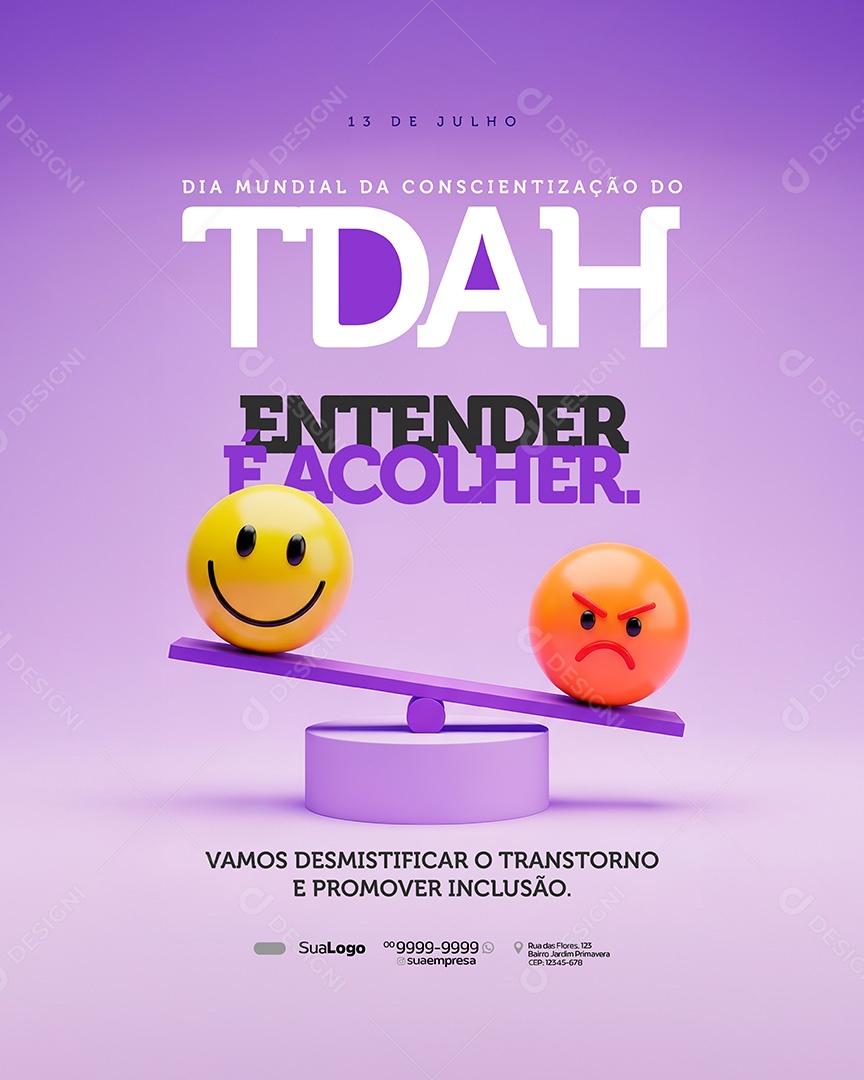 Dia Mundial de Conscientização Sobre o TDAH 13 de Julho Social Media PSD Editável