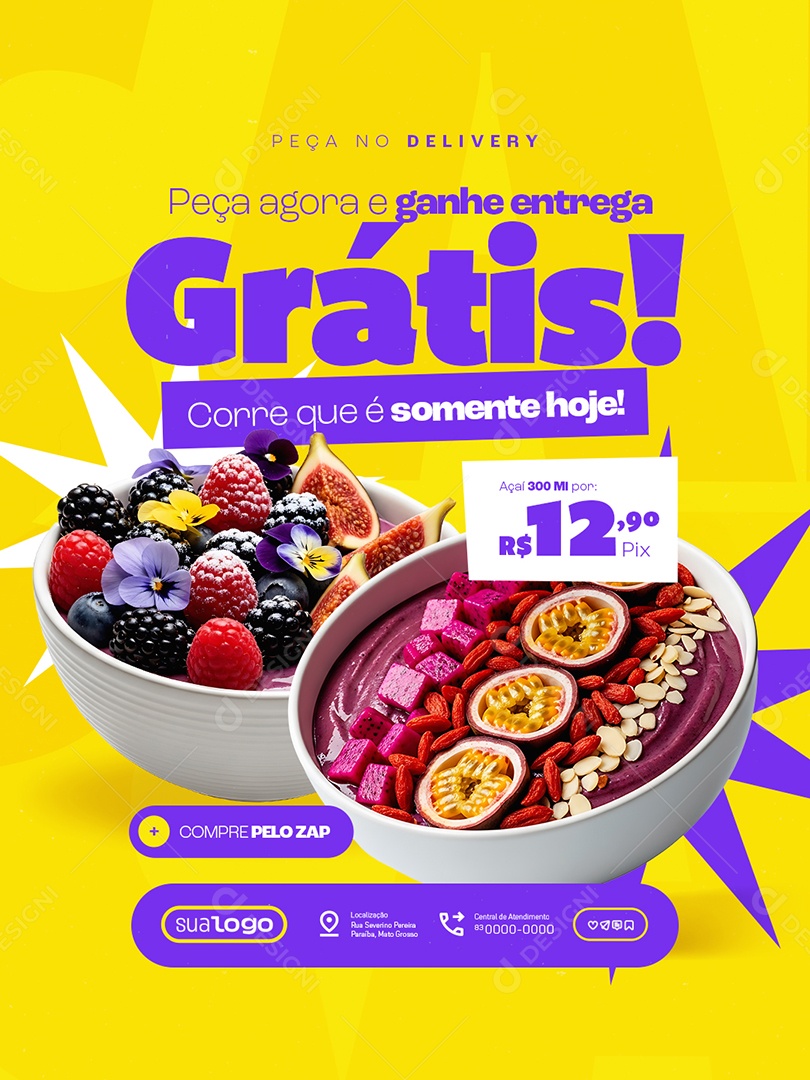 Açaiteria Entrega Grátis Social Media PSD Editável