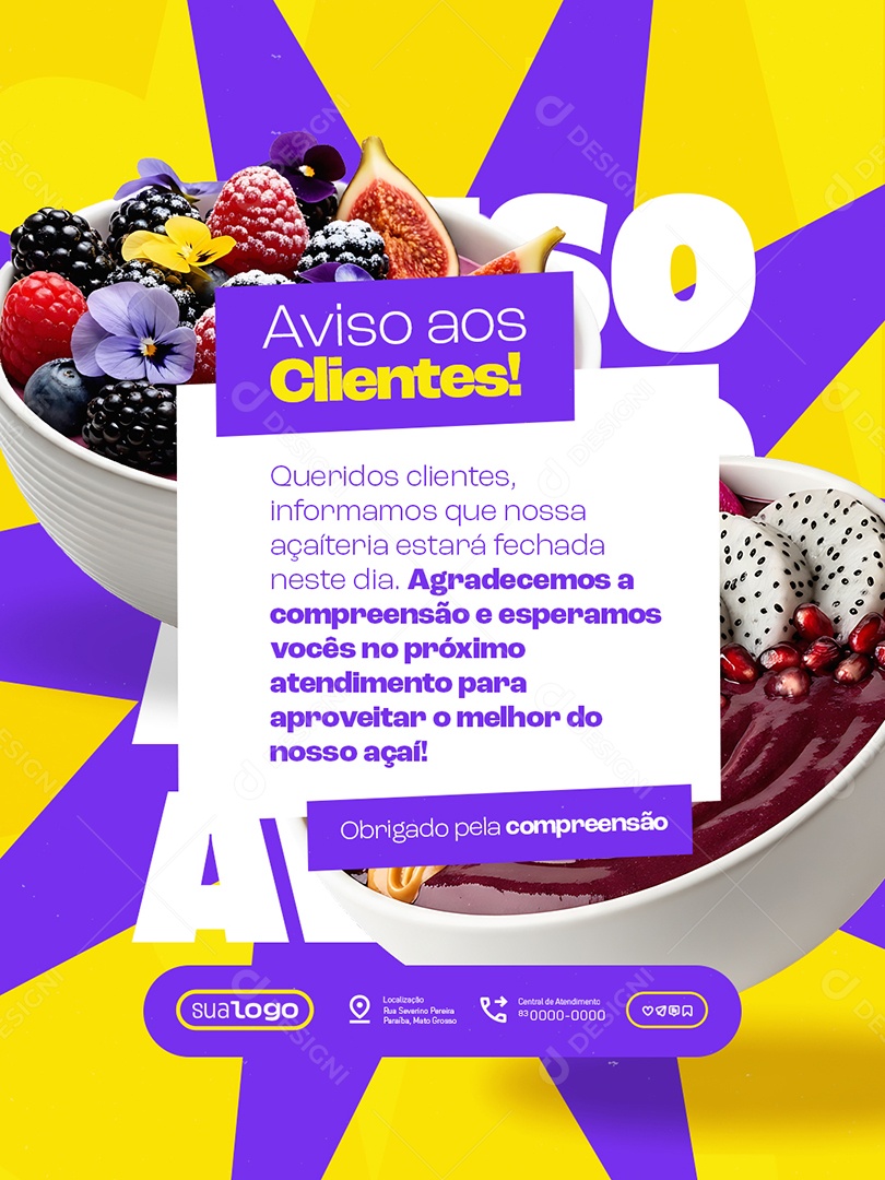 Açaiteria Aviso Aos Clientes Social Media PSD Editável
