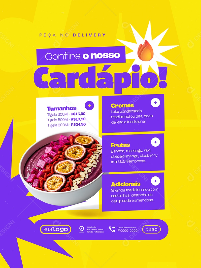 Açaiteria Confira Nosso Cardápio Social Media PSD Editável
