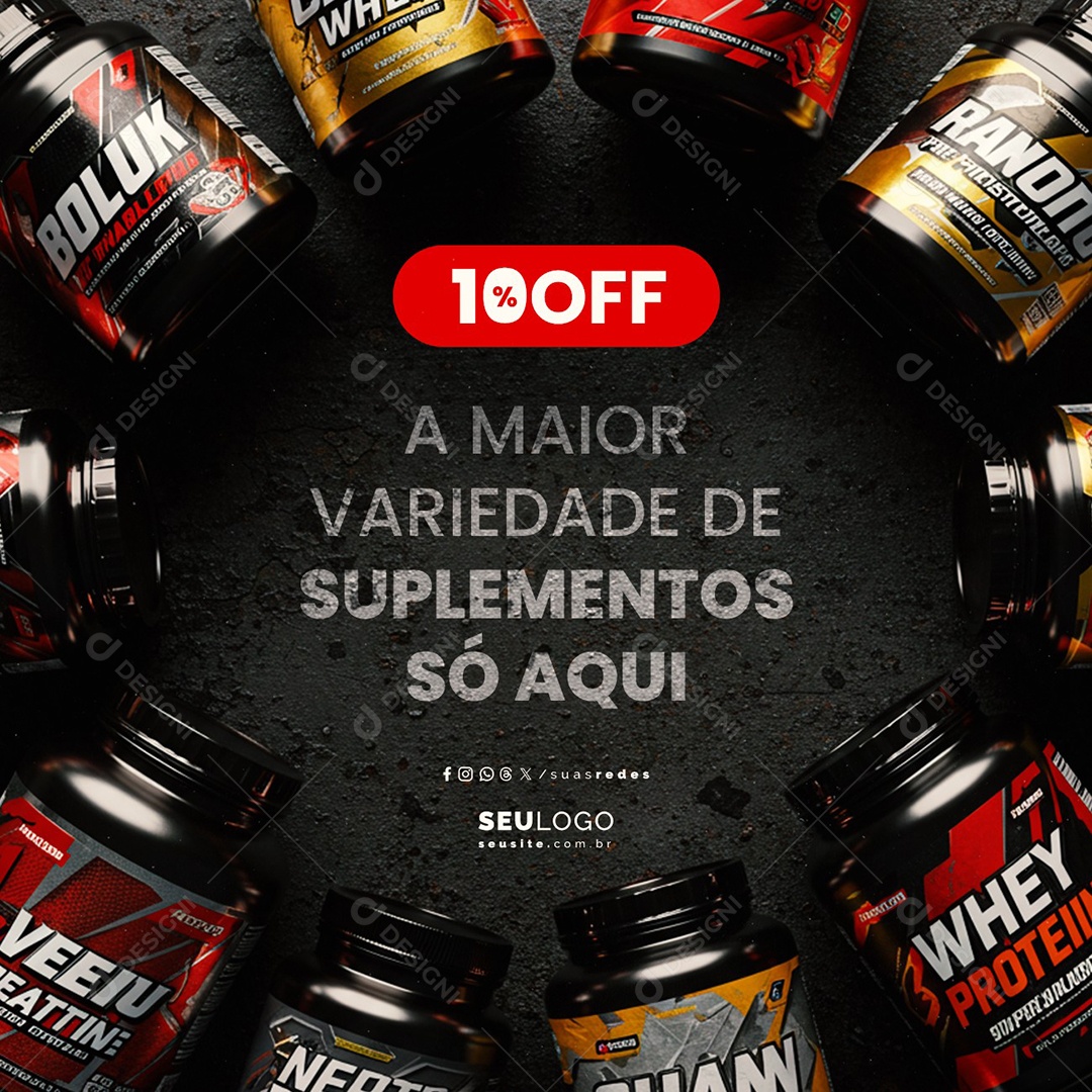 Loja de Suplementos 10% Off A Maior Variedade de Suplementos Só Aqui Social Media PSD Editável