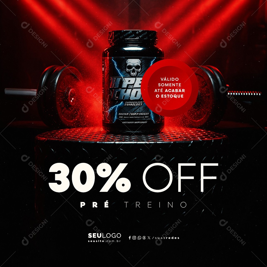 Suplementos 30% Off Pré Treino Social Media PSD Editável