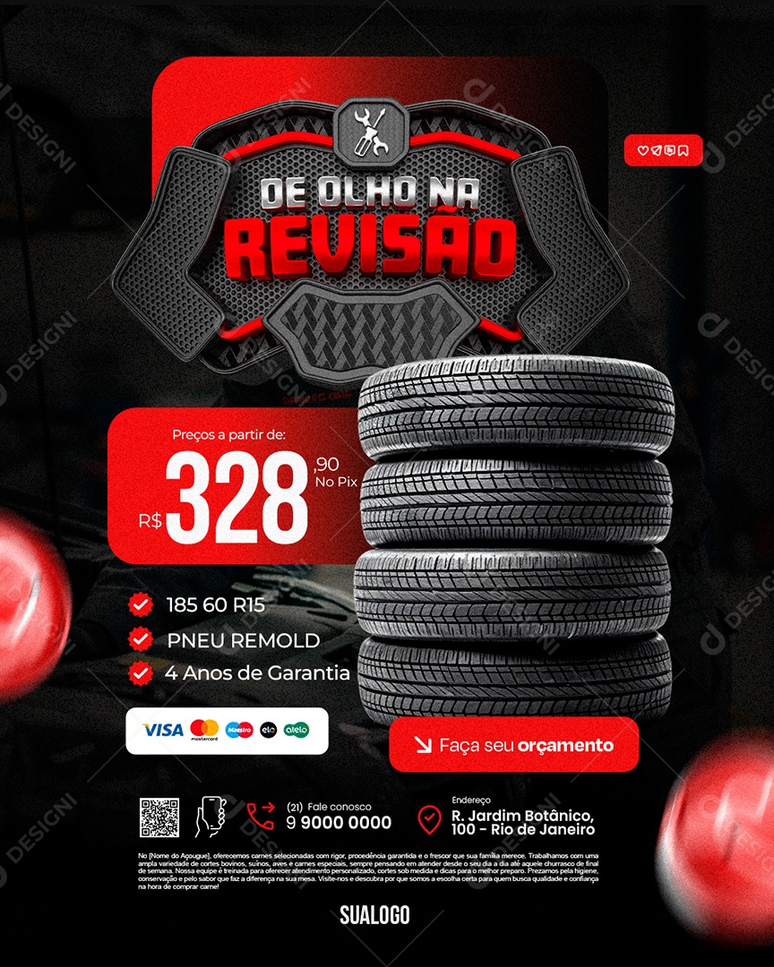 De Olho na Revisão Oficina Mecânica Pneus Remold Social Media PSD Editável