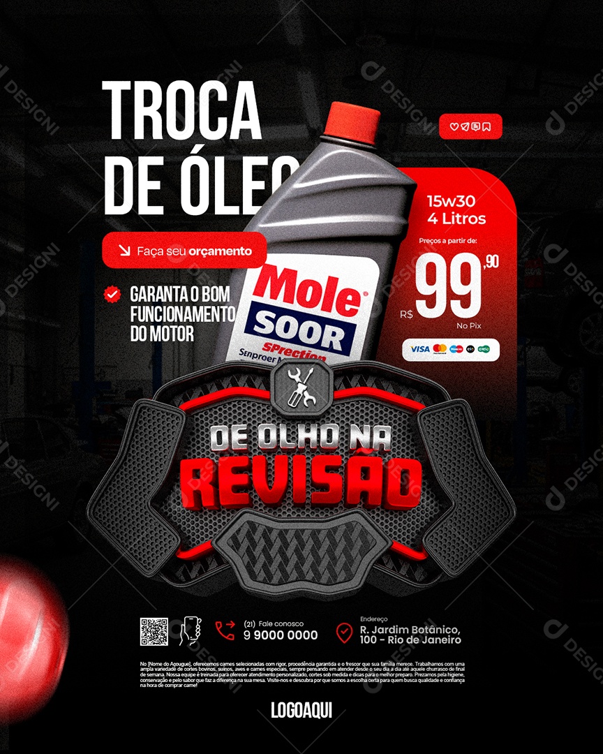 De Olho na Revisão Oficina Mecânica Troca de Óleo Social Media PSD Editável