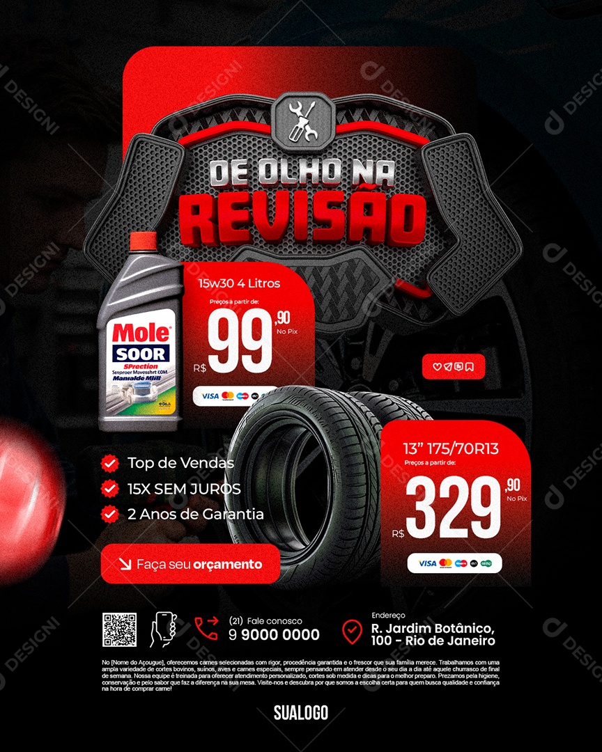 De Olho na Revisão Oficina Mecânica Óleo de Carro Pneus Social Media PSD Editável