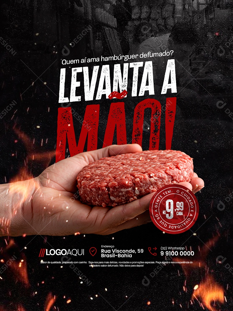 Açougue Quem Aí Ama Hambúrguer Defumado Levanta a Mão Social Media PSD Editável