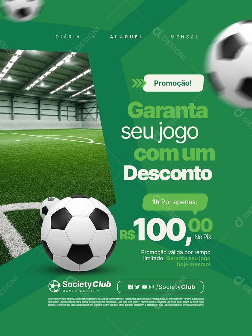 Aluguel de Campo Society Promoção Garanta seu Jogo com Um Desconto Social Media PSD Editável