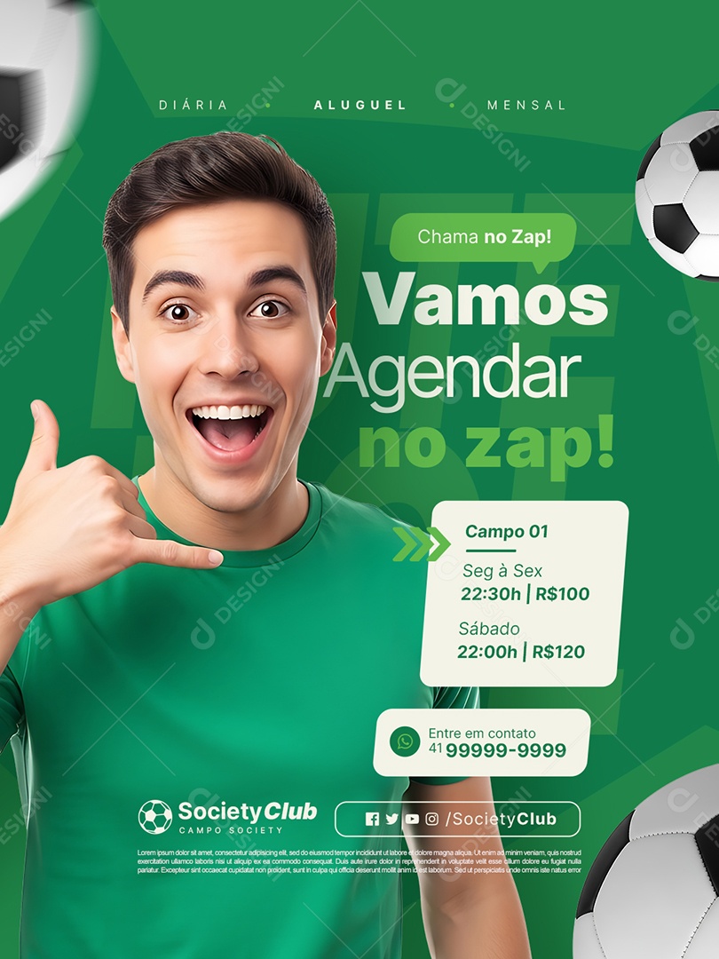 Aluguel de Campo Society Chama no Zap Vamos Agendar no Zap Social Media PSD Editável