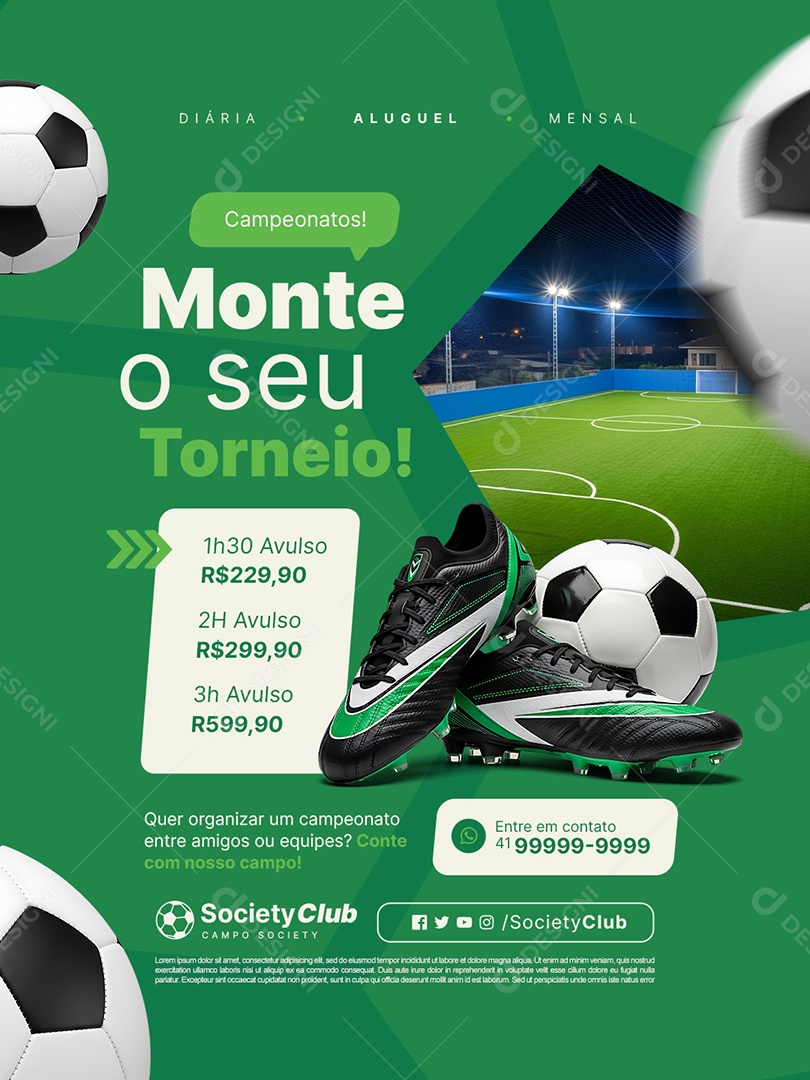 Aluguel de Campo Society Campeonatos Monte o Seu Torneio Social Media PSD Editável